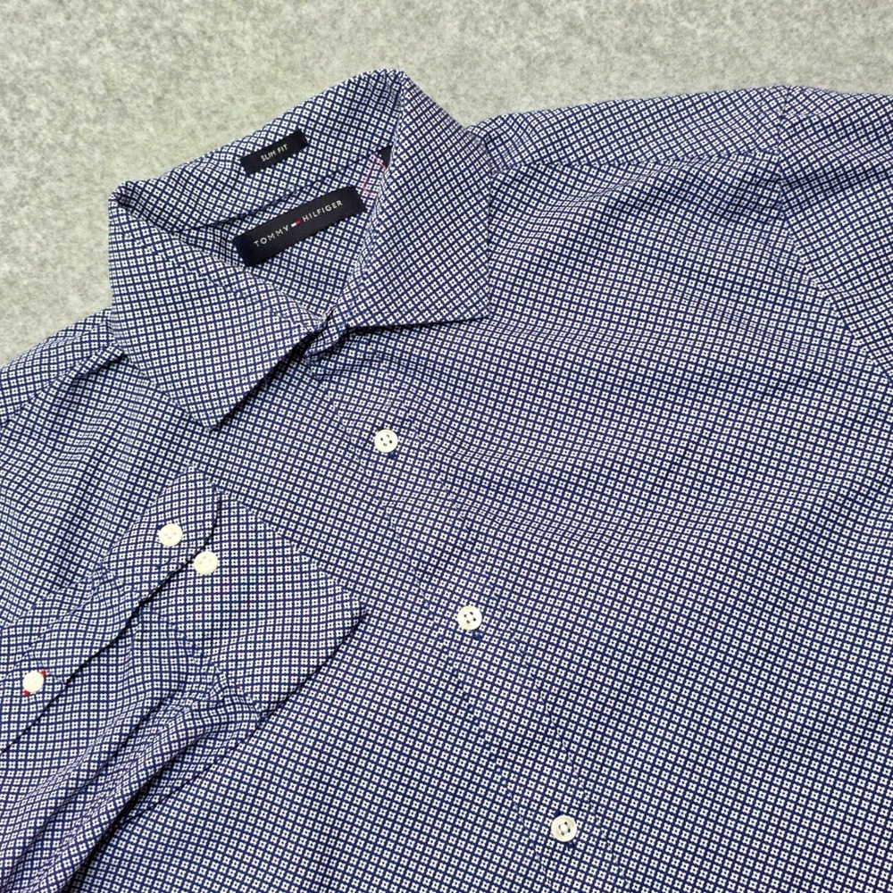Tommy Hilfiger Slim Fit Blue Geometric Print Button Down Shirt Mens 15.5 32/33 M